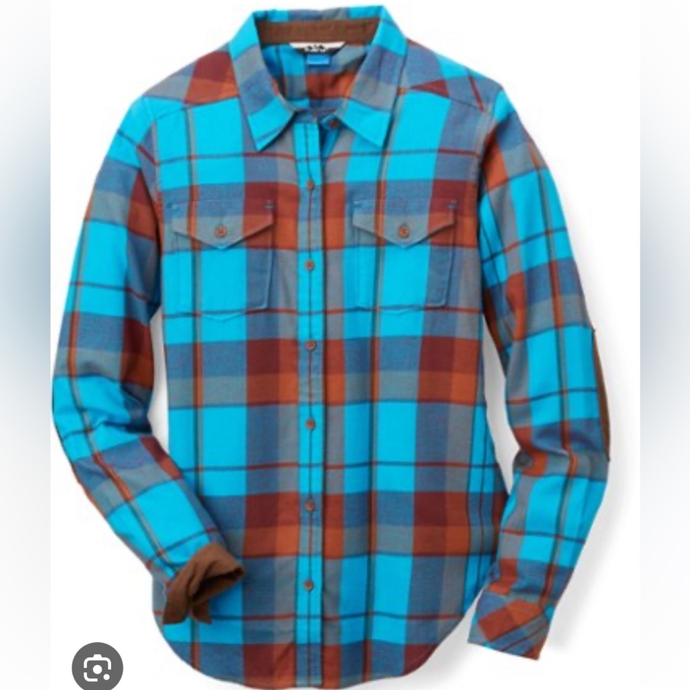 Kavu women’s teal brown flannel button down M Medium with elbow patches
